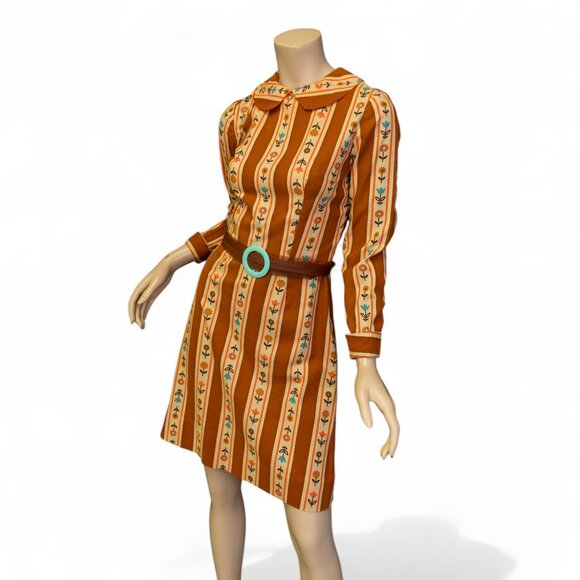 Vintage 1960s Mod Dress – Rust Orange Floral Stripe - Small - Picture 5 of 10